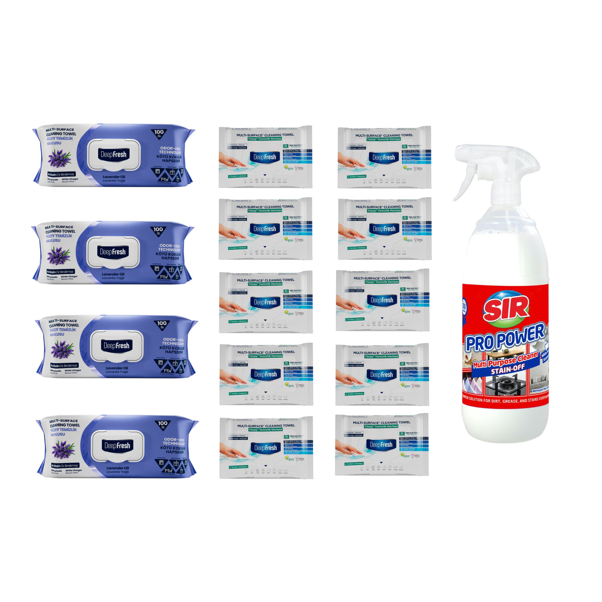 Pachet 4 șervețele Odor-Lock technology Deep Fresh Lavandă + 10 pachete Mini Clasice + Soluţie pentru ȋndepartarea petelor multi suprafeţe Sir Pro Power