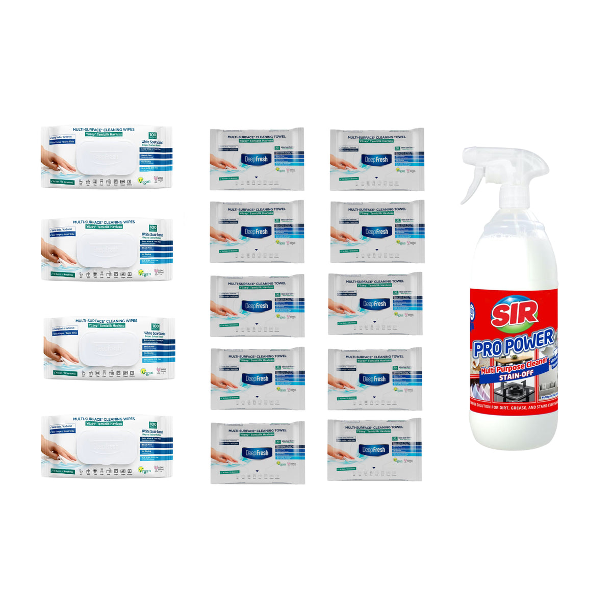 Pachet 4 șervețele Odor-Lock technology Deep Fresh Clasice + 10 pachete Mini Clasice + Soluţie pentru ȋndepartarea petelor multi suprafeţe Sir Pro Power