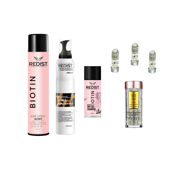 Capsule White Cocos+ Fixativ Biotin + Spumă tratament Milk&Honey + Şampon uscat Biotin + Mască de păr lichidă fiolă tratament × 3 bucăți