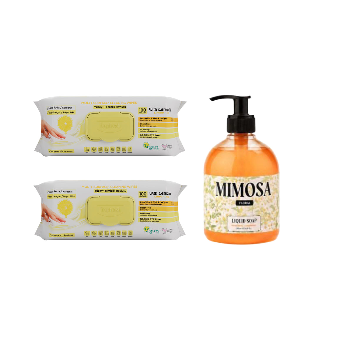 Şerveţele multi suprafeţe cu lămâie, bicarbonat şi oțet Deep Fresh 100 de bucăți × 2 pachete + Săpun lichid Mimosa