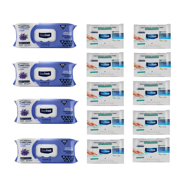 Șervețele mulți suprafețe cu Lavandă bicarbonat și oțet Deep Fresh Odor Lock Technology 100 bucăți × 4 pachete şi 10 pachete mini Șervețele mulți suprafețe cu bicarbonat și oțet 10 bucăți