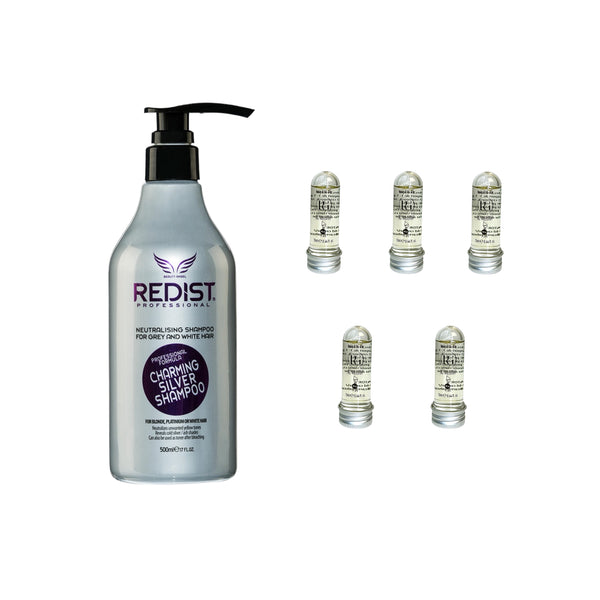 Șampon nuantator Silver Redist + Mască de păr lichidă fiolă tratament × 5 bucăți - Redist