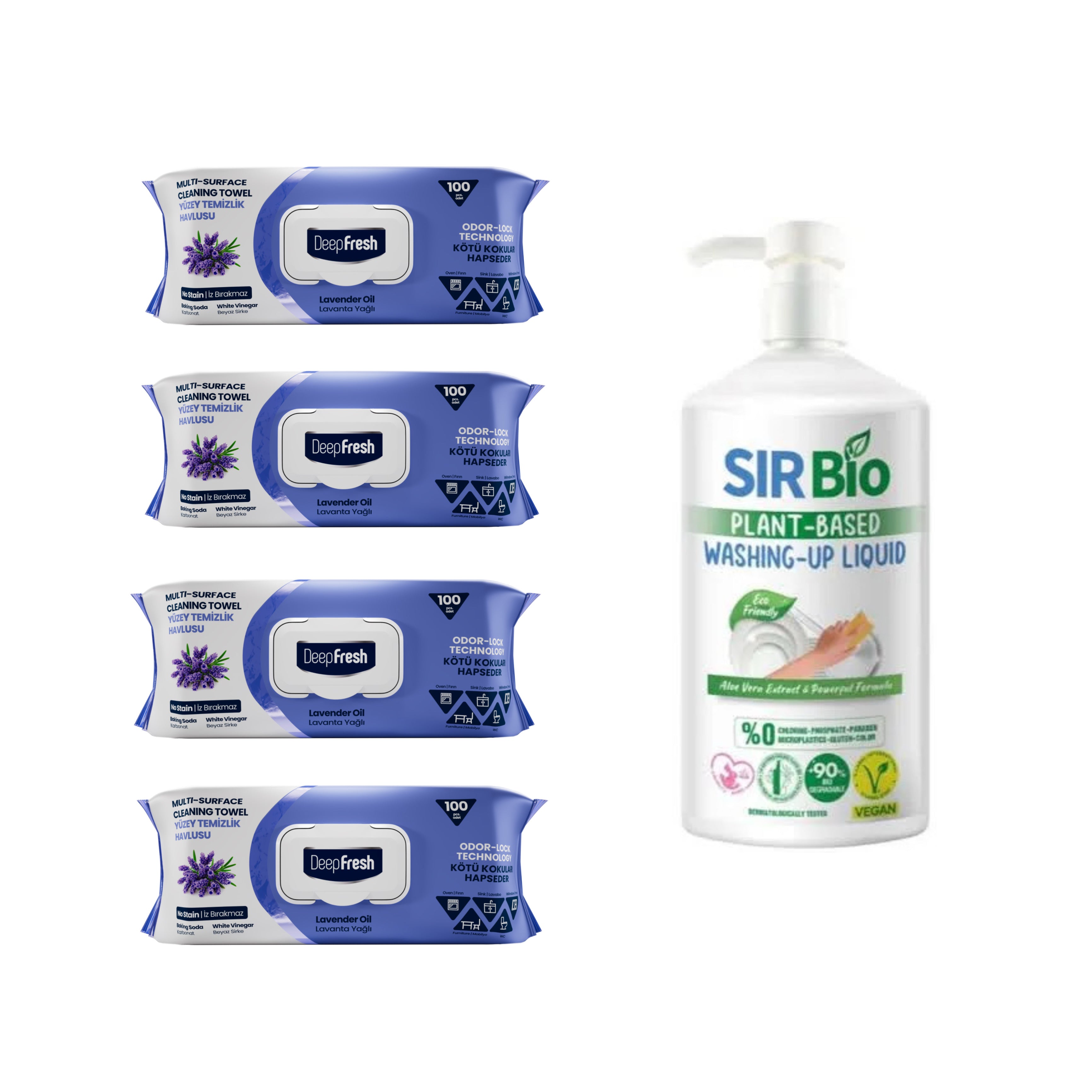 Nou: Șervețele mulți suprafețe cu Lavandă bicarbonat și oțet Deep Fresh Odor Lock Technology × 4 pachete + Detergent pentru vase Sir Bio