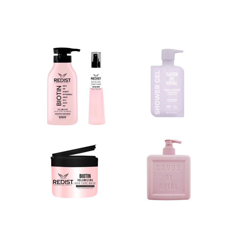 Sampon cu Biotina Redist pentru volum 500 ml + Masca de par cu Biotina Redist 250 ml + Balsam bifazic pentru par cu Biotina Redist 225 ml + Cadou : Gel de duș Savon de Royal Moisturizing Teraphy 500 ml + Sapun lichid Purple Savon de Royal Cubic 500 ml