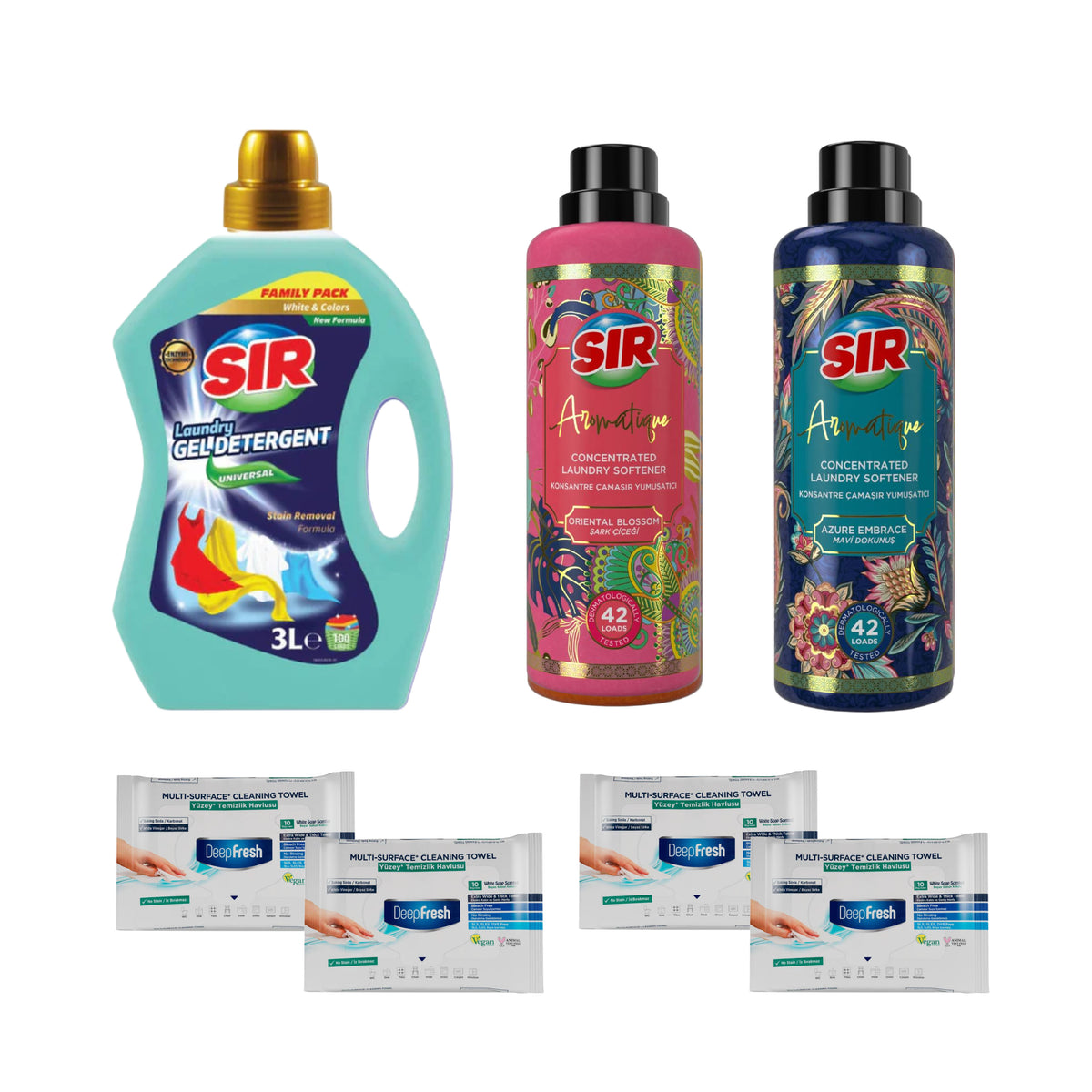 Detergent pentru haine albe și colorate Sir White & Colors 3 Litri + Balsam de rufe SIR Aromatique Concentrat 750 ml × Oriental + Azure + Şerveţele umede pentru multi suprafeţe cu bicarbonat şi oțet Deep Fresh 10 bucăți × 4 pachete - Redist