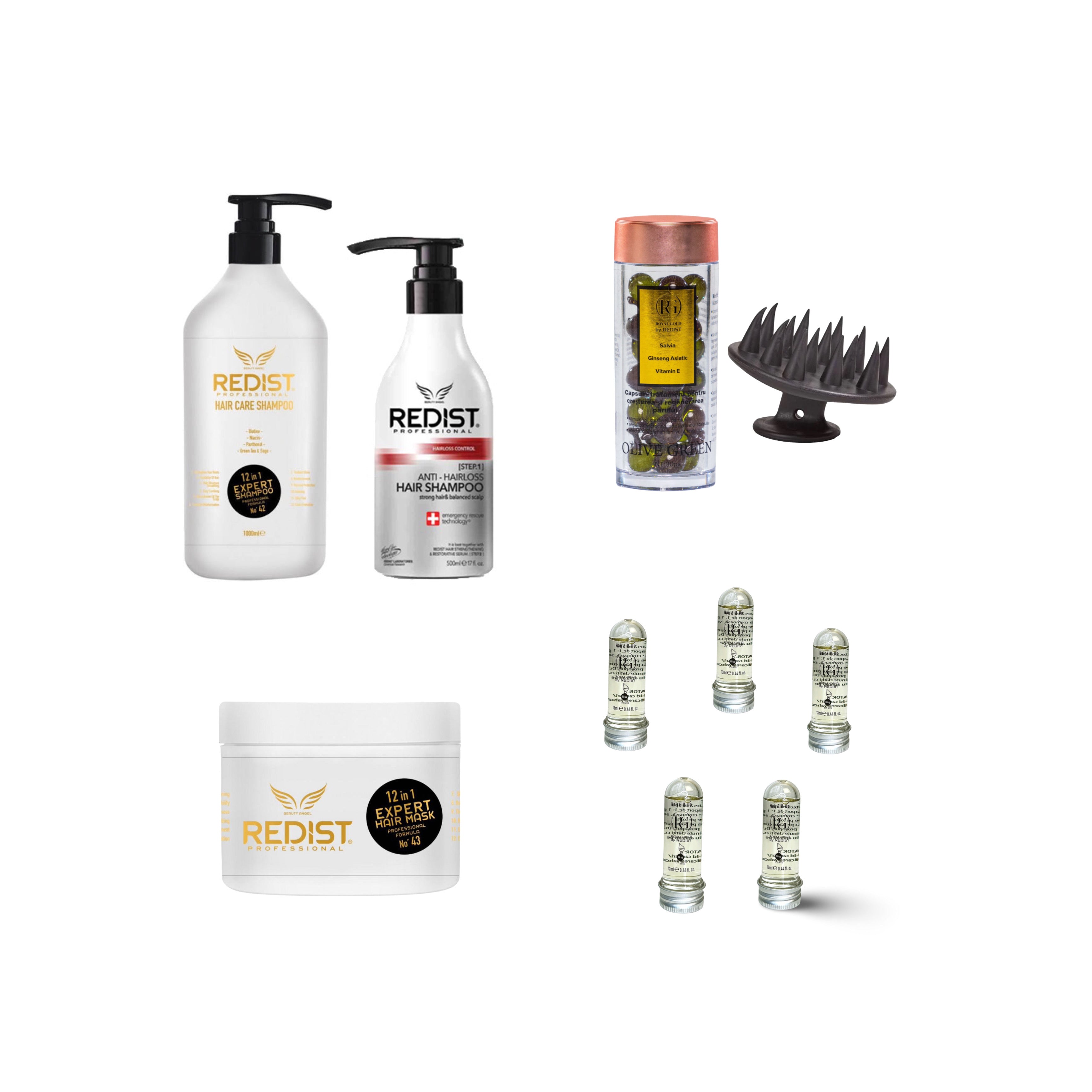 Gama profesionala pentru păr Redist 12 in 1 Expert + Capsule tratament cu Salvie 30 buc + Sampon Împotriva Caderii Parului Redist 500 ml + Perie masaj pentru scalp + CADOU : Mască de păr lichidă fiolă tratament Redist 13 ml × 5 bucăți