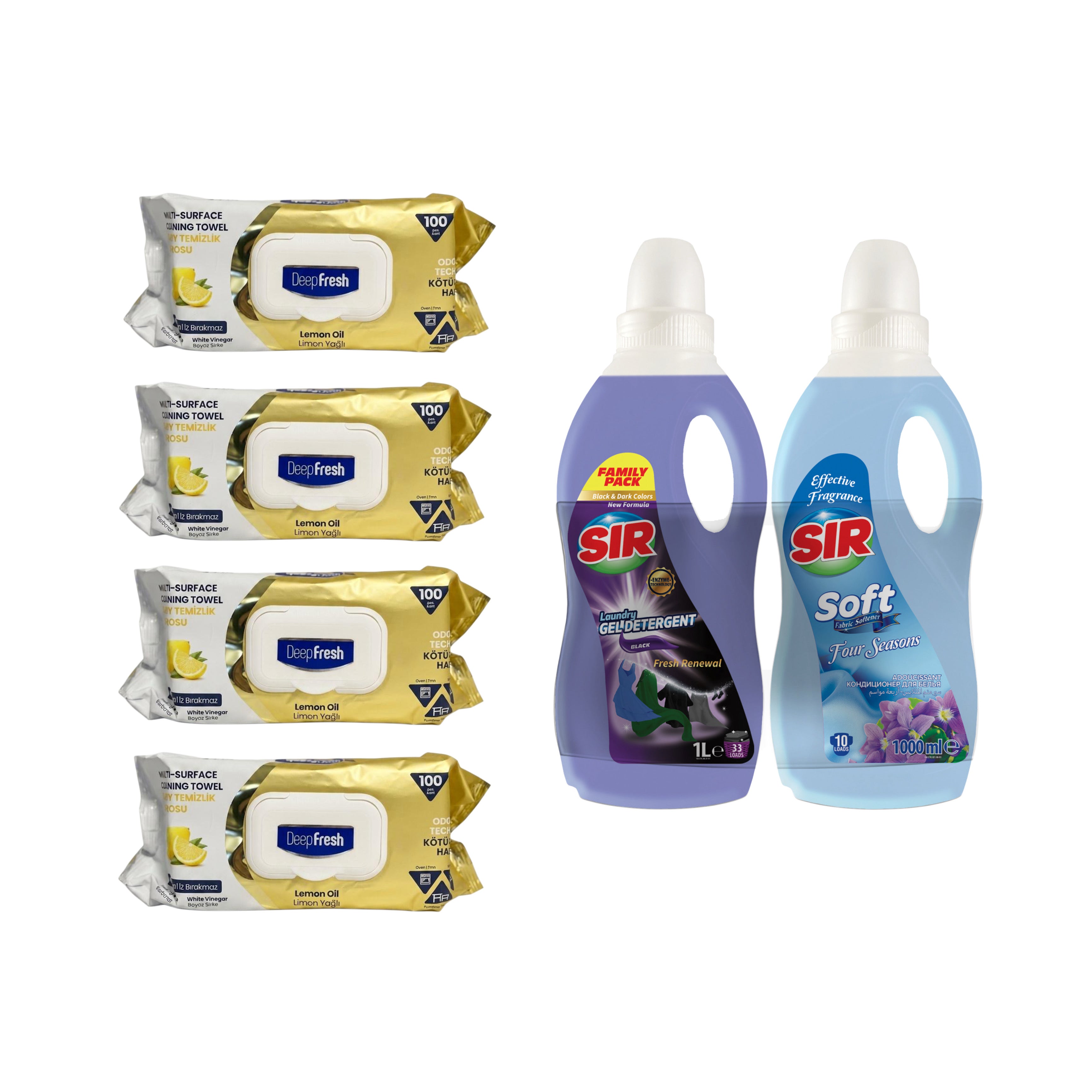 Şerveţele umede pentru multi suprafeţe cu bicarbonat şi oțet Odor Lock Lămâie Deep Fresh 100 de bucăți × 4 pachete + Detergent rufe negre + Balsam rufe