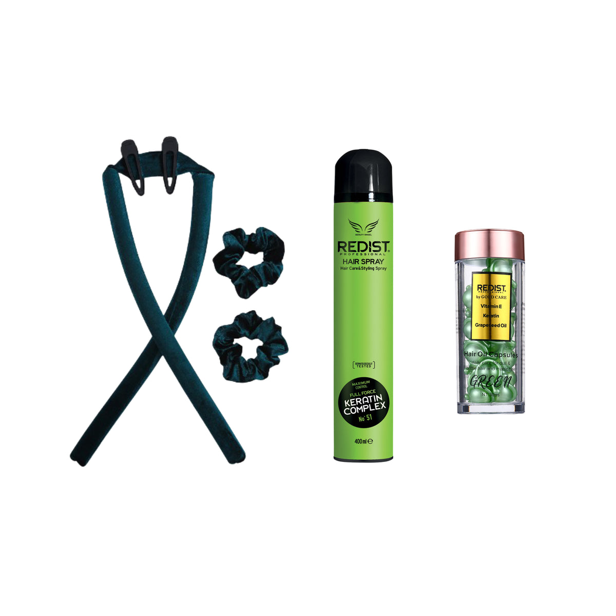 Pachet Redist pentru bucle: cordon par + fixativ Keratin + capsule Green