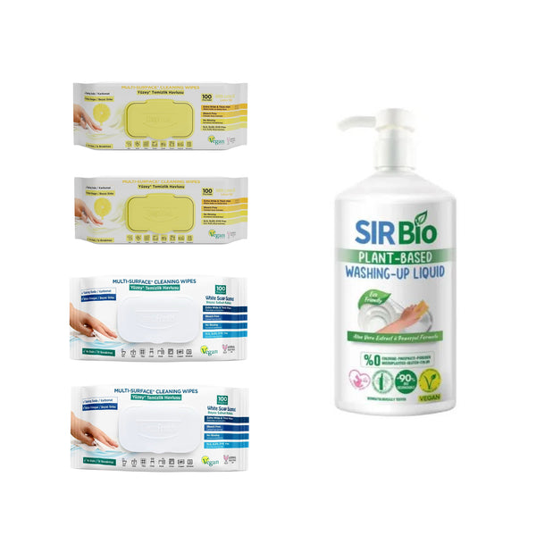 Șervețele mulți suprafețe cu Lămâie bicarbonat și oțet DeepFresh × 2 pachete + Șervețele mulți suprafețe cu bicarbonat și oțet DeepFresh × 2 pachete + Detergent pentru vase Sir Bio