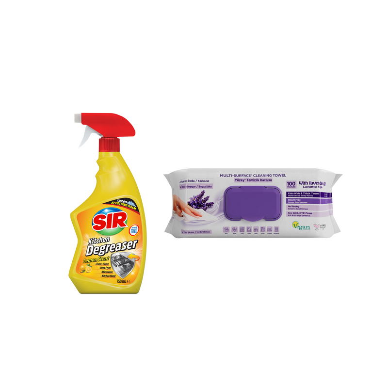 Degresant pentru bucătărie SIR cu aromă de lămâie 750 ml + Şerveţele umede pentru multi suprafeţe cu lavandă , bicarbonat şi oțet Deep Fresh 100 de bucăți