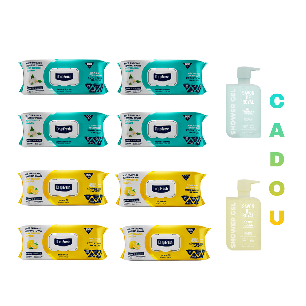 Kit 8 șervețelele multi suprafețe Deep Fresh Odor Lock Jasmine si Lămâie + Cadou : Gel de duș Savon de Royal Ice Therapy si Coffee Break