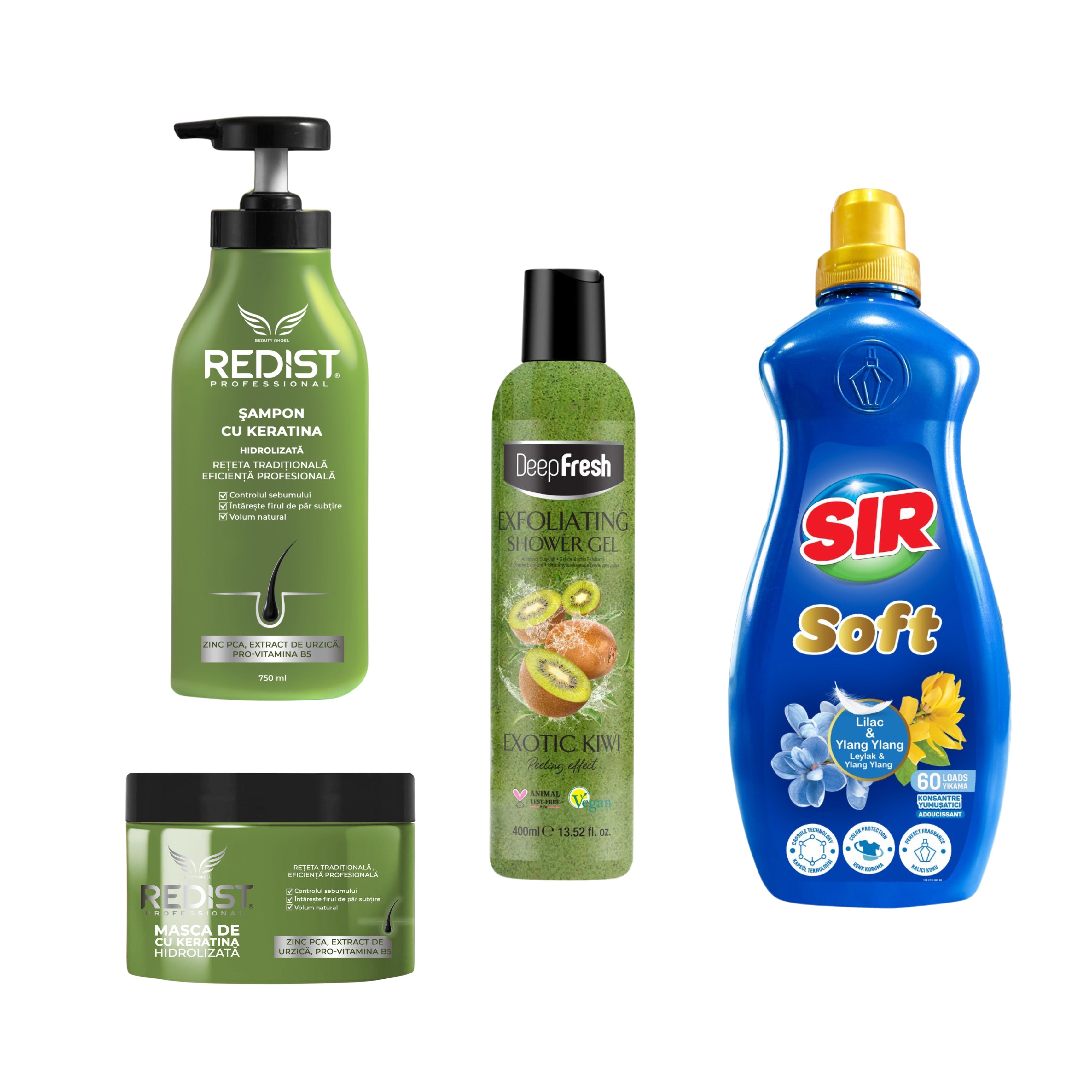 Gama Redist Keratina hidrolizată + Gel de duș exfoliant Exotic Kiwi + Balsam Rufe Liliac & Ylang Ylang