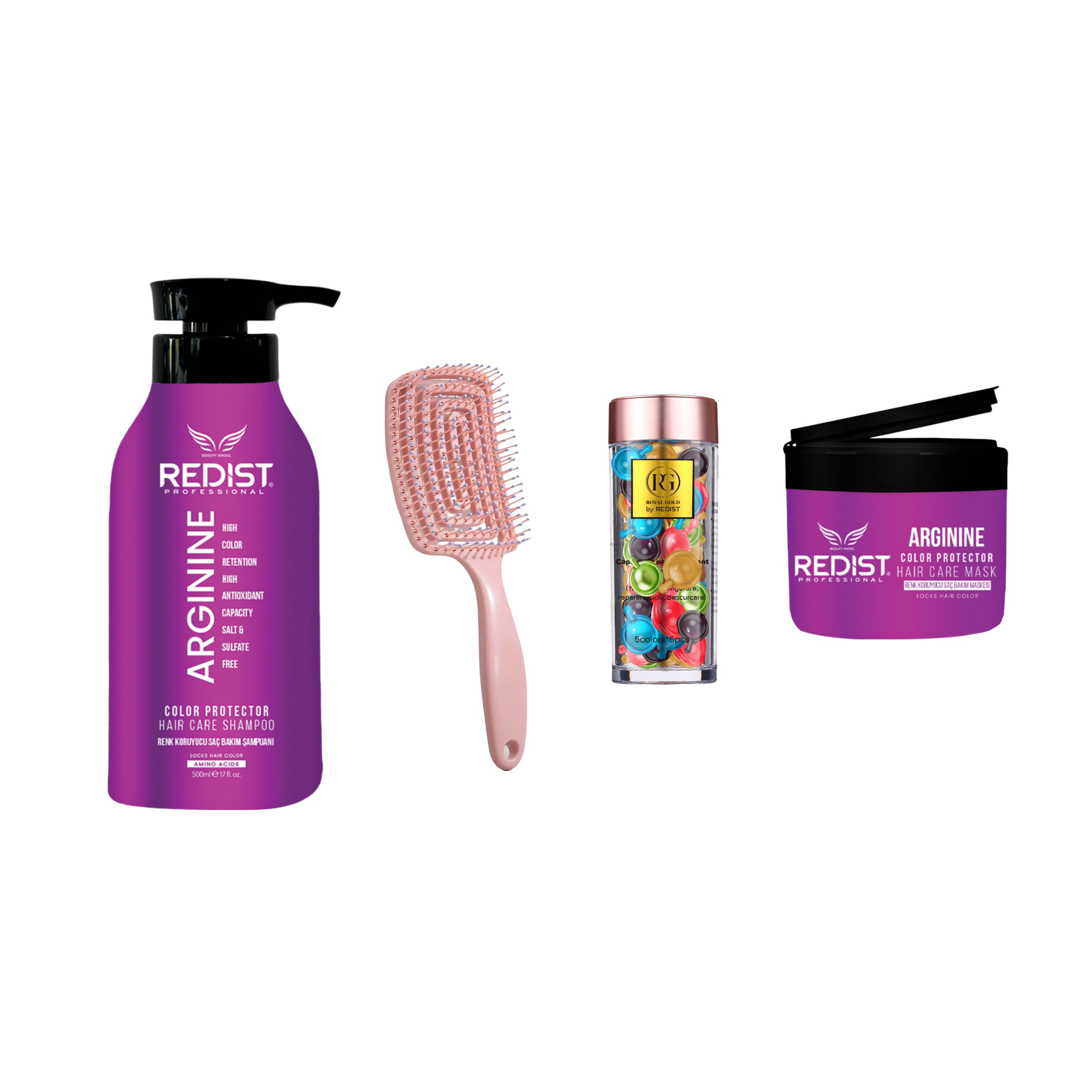 Pachet Redist Arginin pentru protecția culorii și strălucire + Capsule Mixt + Perie păr - Redist