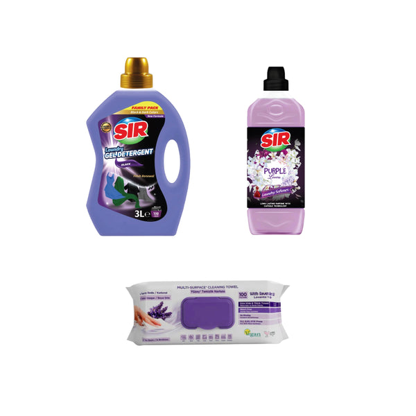 Detergent pentru haine negre Sir Black  3 Litri + Balsam pentru rufe Sir Purple Lovers 2 Litri + Şerveţele umede pentru multi suprafeţe cu lavandă , bicarbonat şi oțet Deep Fresh 100 de bucăți - Redist