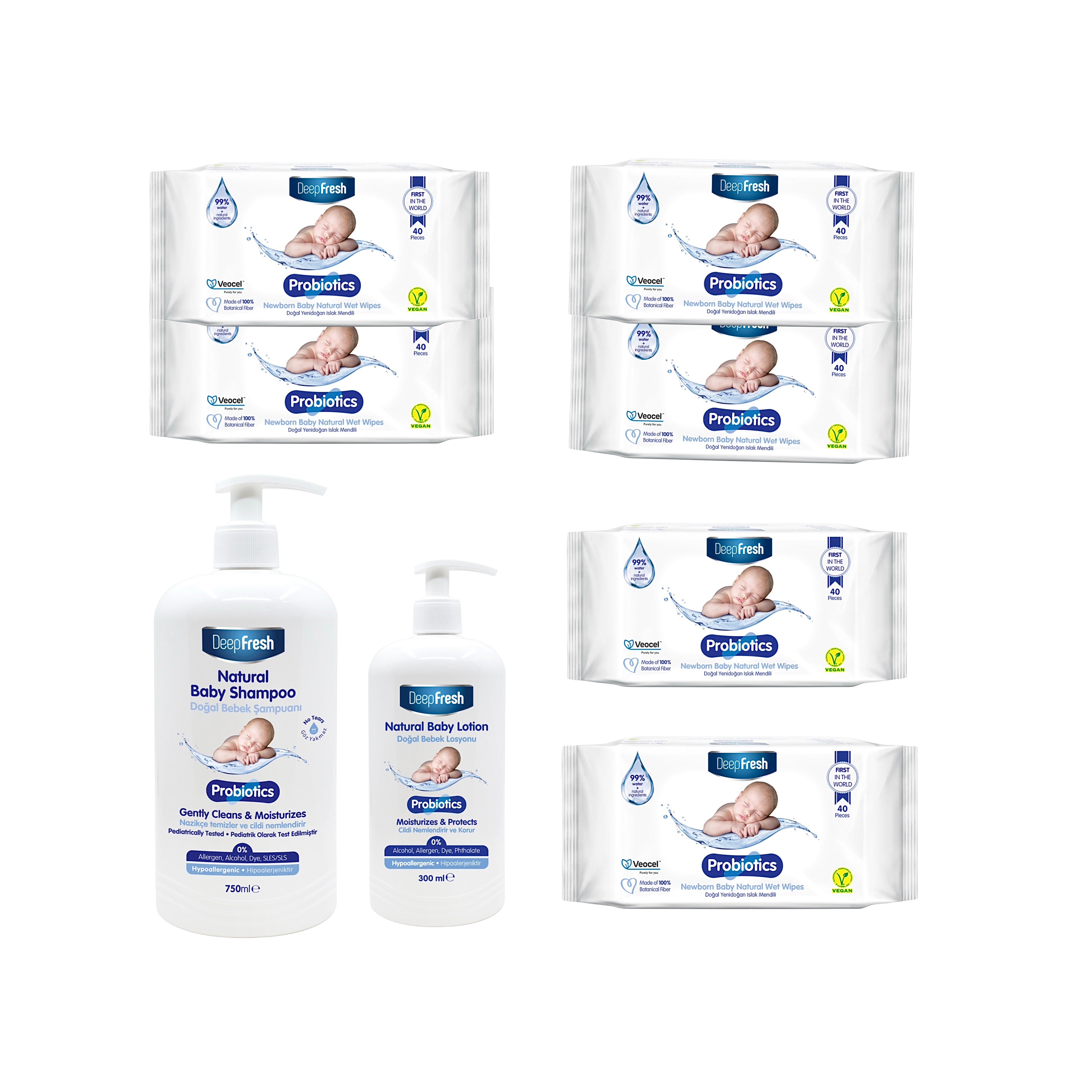Pachet Baby Probiotics : Sampon natural pentru copii DeepFresh Probiotics 750 ml + Lotiune de corp naturala pentru copii DeepFresh Probiotics 300 ml + Șervețele umede DeepFresh Probiotics : 6 pachete - Redist