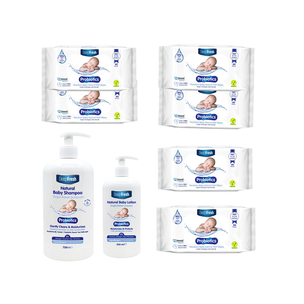 Pachet Baby Probiotics : Sampon natural pentru copii DeepFresh Probiotics 750 ml + Lotiune de corp naturala pentru copii DeepFresh Probiotics 300 ml + Șervețele umede DeepFresh Probiotics : 6 pachete - Redist