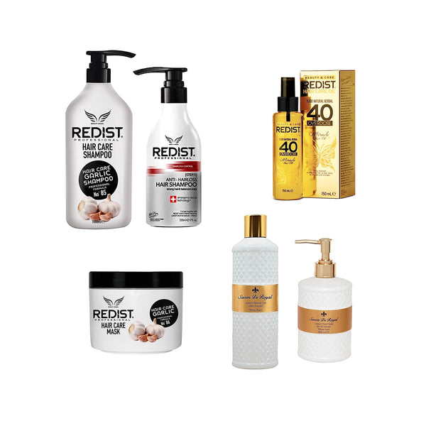 Sampon Impotriva Caderii Parului Redist 500 ml + Șampon profesional cu extract de usturoi Redist 1000 ml + Masca  cu usturoi Redist + Ulei tratament pentru par Miracle Oils 40 Overdose Redist 150 ml + Gel de duș și sapun lichid Savon de Royal White Pearl - Redist