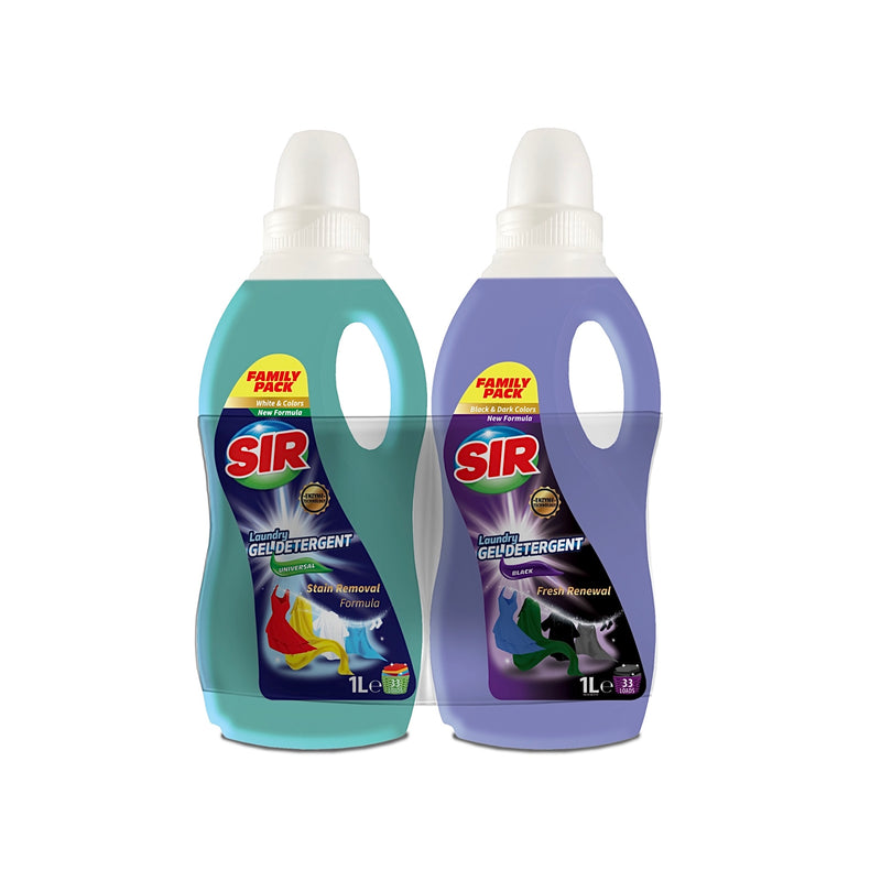 Pachet detergenți Sir: Detergent pentru haine albe și colorate Sir White & Colors  1000 ml + Detergent pentru haine negre Sir Black  1000 ml
