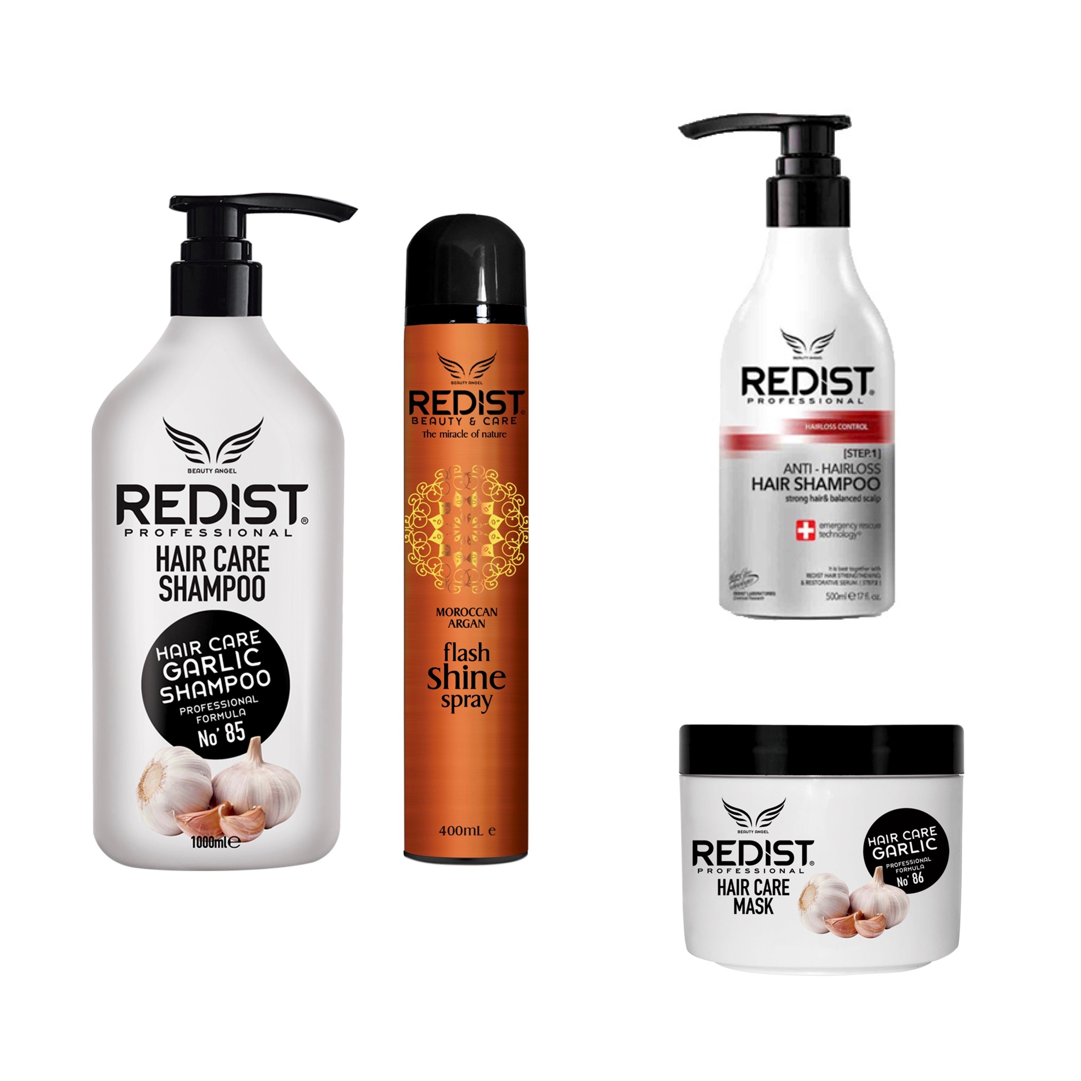 Pachet profesional împotriva căderii părului, creștere și regenerare Sampon usturoi 1000 ml + Masca usturoi 475 ml + Spray pentru stralucirea parului Redist 400 ml - Redist