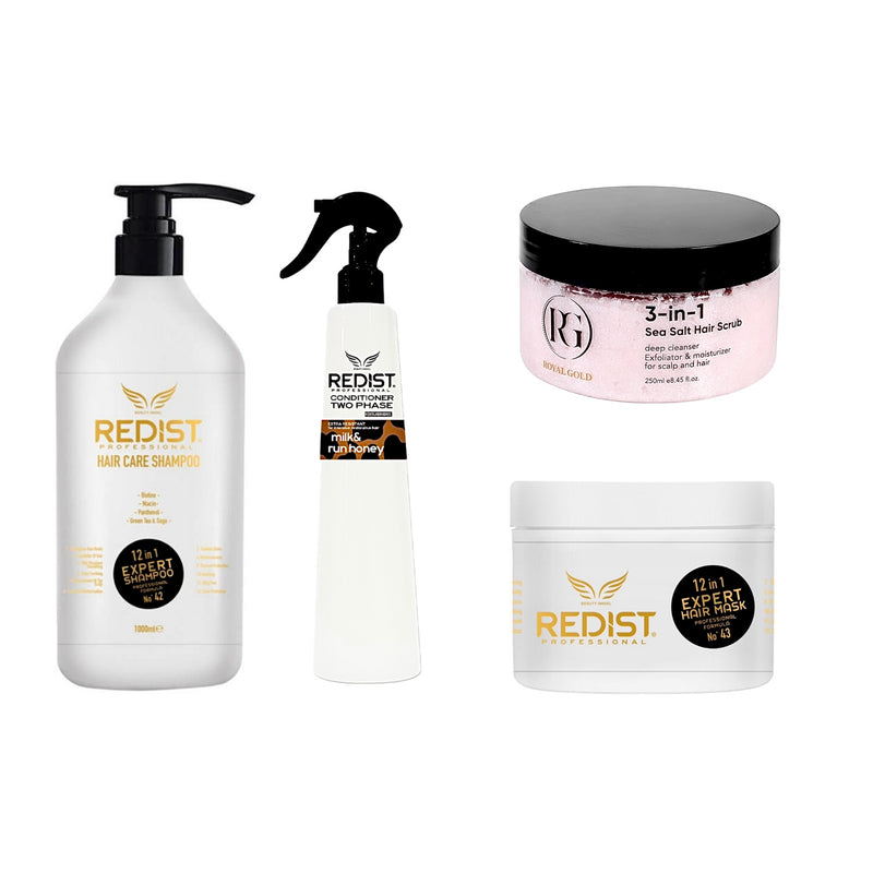 Sampon Redist Professional 12 in 1 Expert 1000 ml + Masca de păr Redist Professional 12 in 1 Expert 500 ml + Balsam de par fara clatire Milk&Honey Redist 400 ml + Scrub pentru scalp 3 în 1 Royal Gold 250 ml