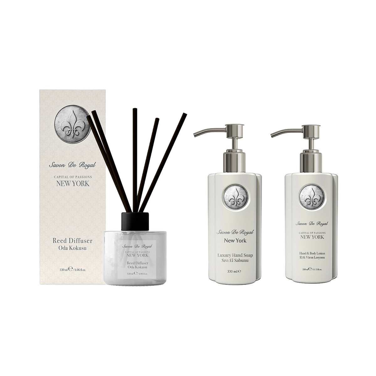 Gama Luxury Savon de Royal New York : Odorizant de cameră cu bețe 120 ml + Sapun lichid pentru mâini 330 ml + Loțiune de mâini și corp 330 ml - Redist