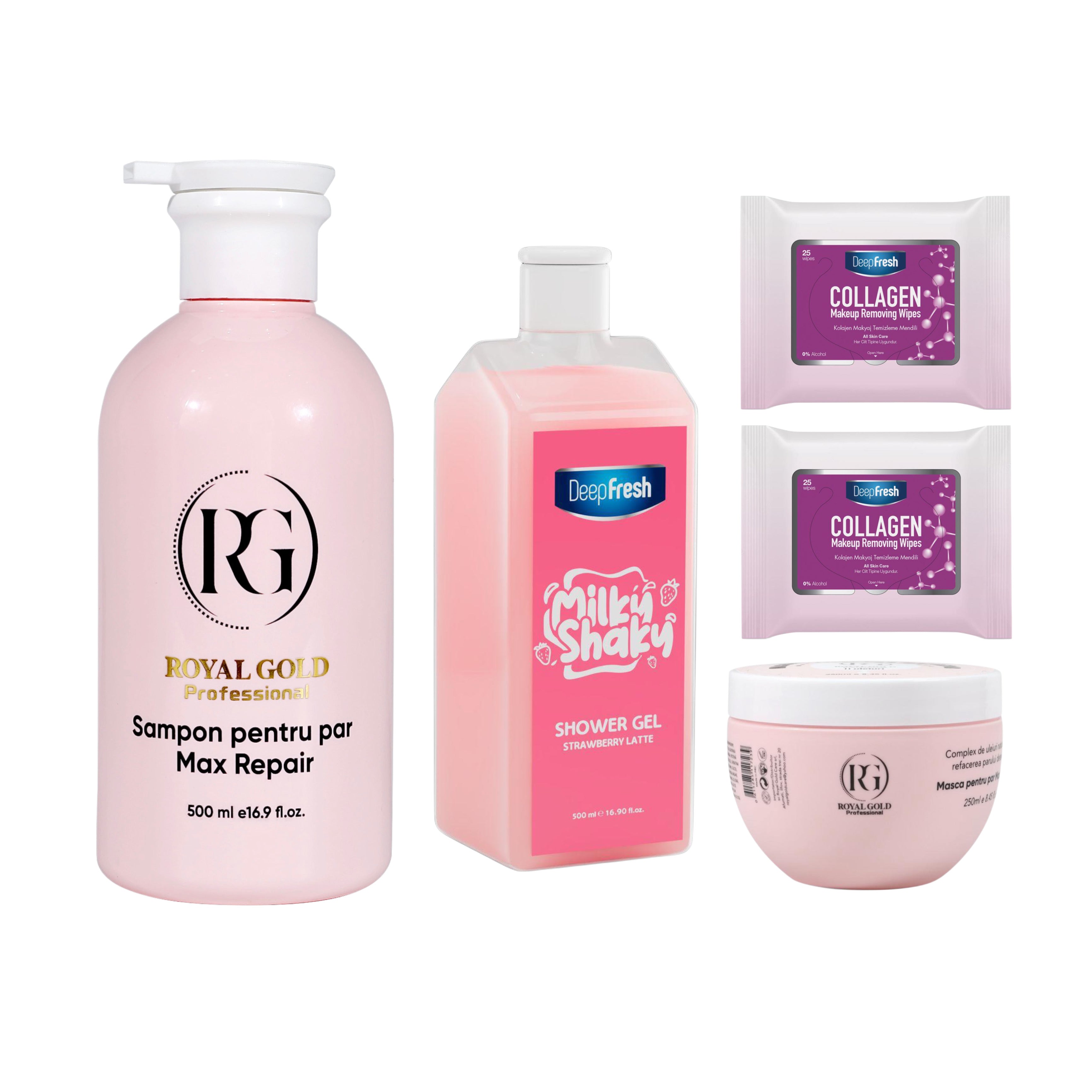 Nou: Gama Max Repair Pink + Cadou Gel de duș Milky Shaky căpșuni + 2 x șervețele demachiante colagen Deep Fresh