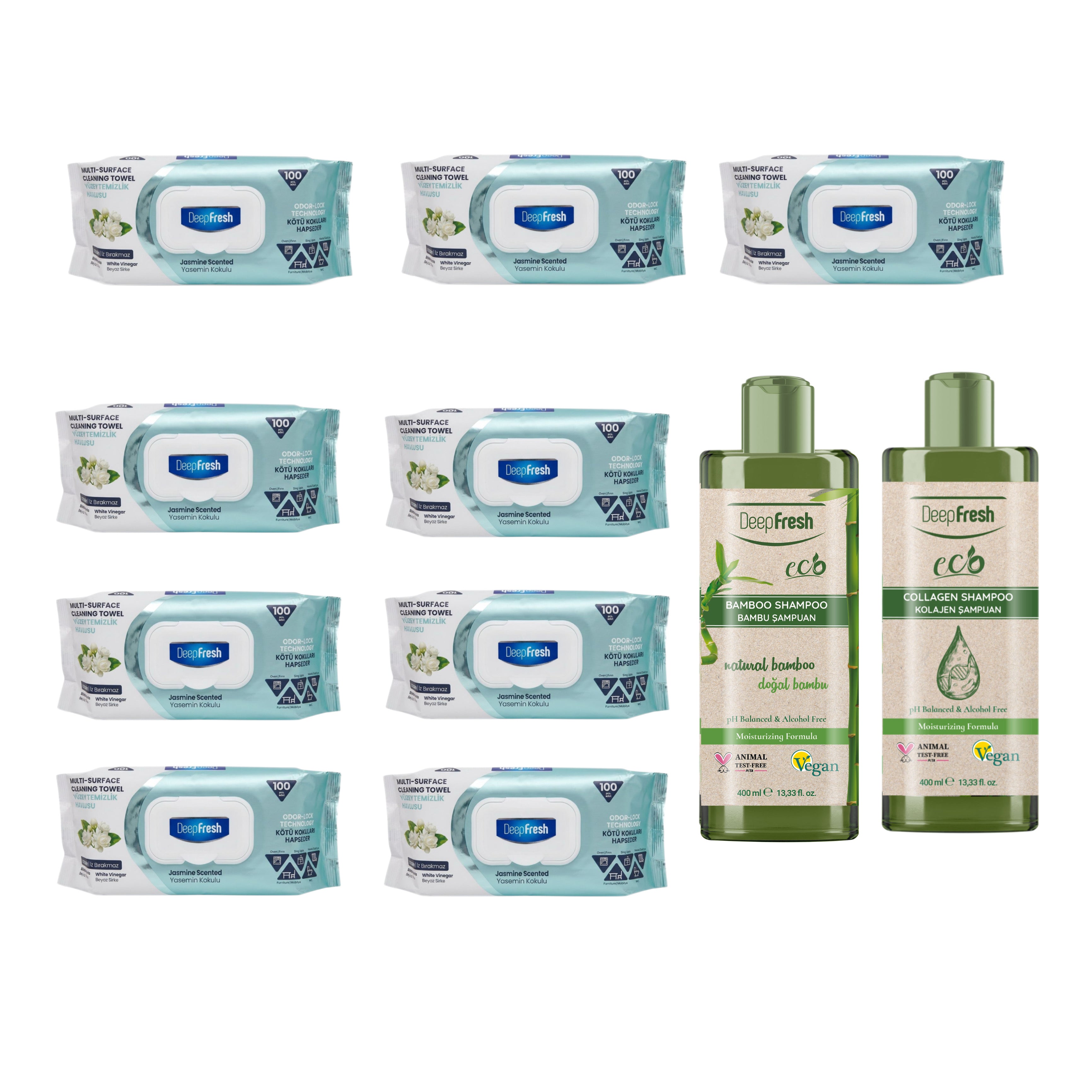 Pachet avantajos: 9 x pachete șervețele Deep Fresh Jasmine + Șampon Colagen Deep Fresh + Șampon Bamboo Deep Fresh