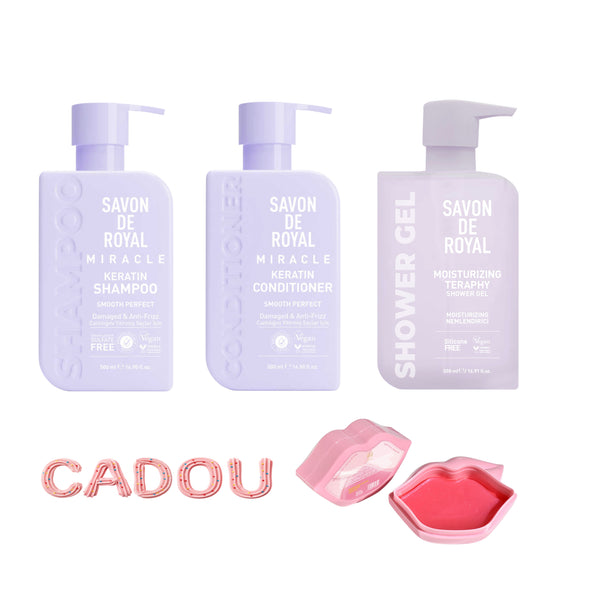Nou: Gama Savon de Royal Miracle Șampon + Balsam cu Keratină + Gel de duș Therapy + Cadou măști de buze Pink