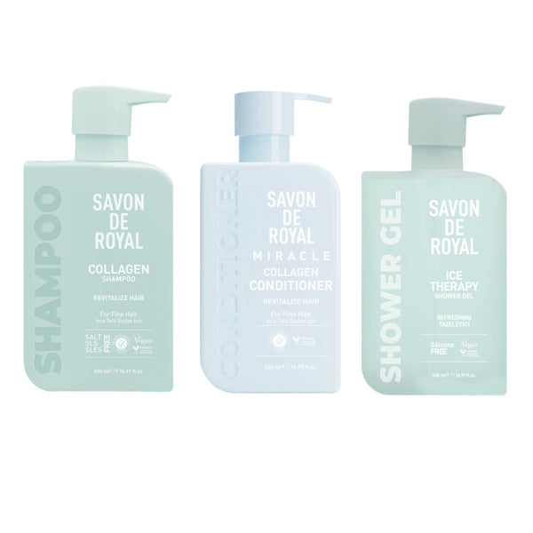 Nou: Pachet Savon de Royal Miracle Collagen Șampon + Balsam + Gel de duș Ice Therapy