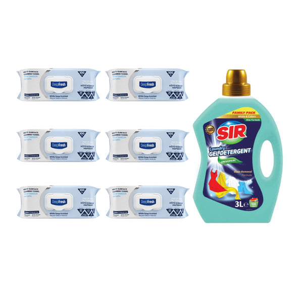 Şerveţele umede pentru multi suprafeţe bicarbonat şi oțet Deep Fresh Clasice Odor Lock 100 de bucăți x 6 pachete + Detergent Sir White & Colors 3 Litri