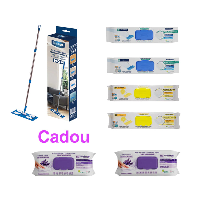 Mop + Șervețele mop bicarbonat si oțet 50 buc × 2 pachete + Șervețele mop cu lămâie , bicarbonat si otet 50 buc x 2 pachete + Şerveţele pentru multi suprafeţe lavandă , bicarbonat şi oțet Deep Fresh 100 de bucăți × 2 pachete ( 1 pachet + 1 pachet Cadou )