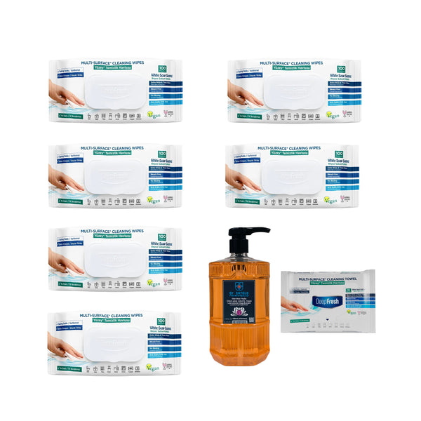 Şerveţele umede pentru multi suprafeţe cu bicarbonat şi oțet Deep Fresh 100 bucăți × 6 pachete + Cadou : Sapun lichid pentru mâini Dr. Shield 1000 ml + Şerveţele umede pentru multi suprafeţe cu bicarbonat şi oțet Deep Fresh 10 bucăți - Redist