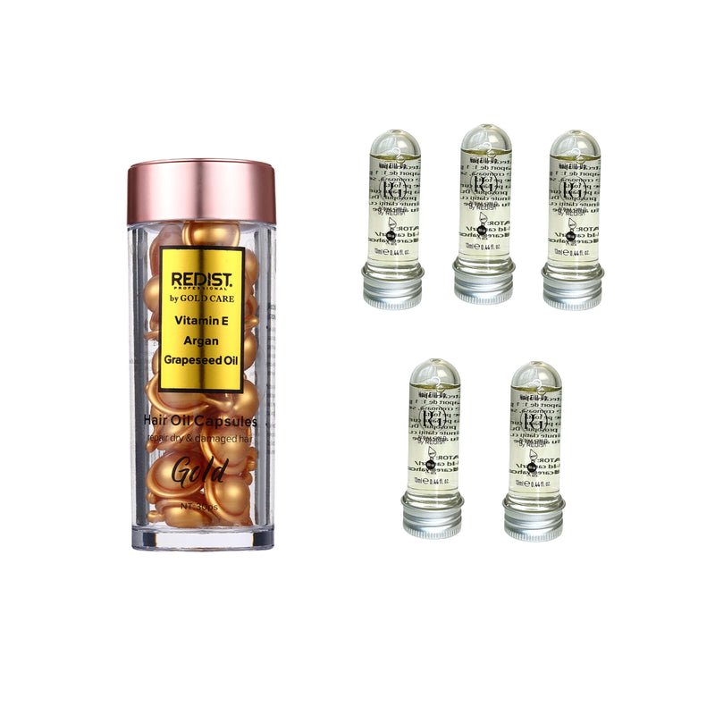 Capsule ser tratament Royal Gold by Redist + Mască de păr lichidă fiolă tratament Redist 13 ml × 5 bucăți