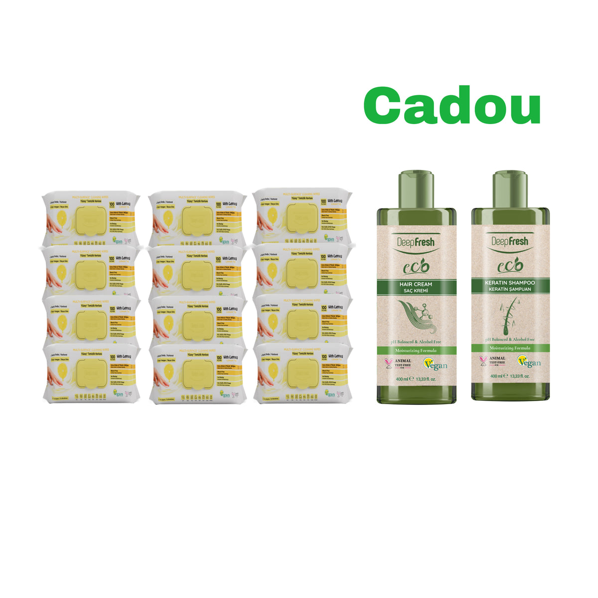 12 x Pachete șervețele mulți suprafețe Deep Fresh + Cadou: Eco Keratin Shampoo + Eco Hair Cream Deep Fresh 400 ml
