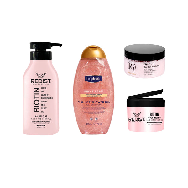Gama Volum Redist Biotin + Scrub pentru scalp 3 in 1 Royal Gold + Gel de duș cu sclipici Pink Dream Deep Fresh