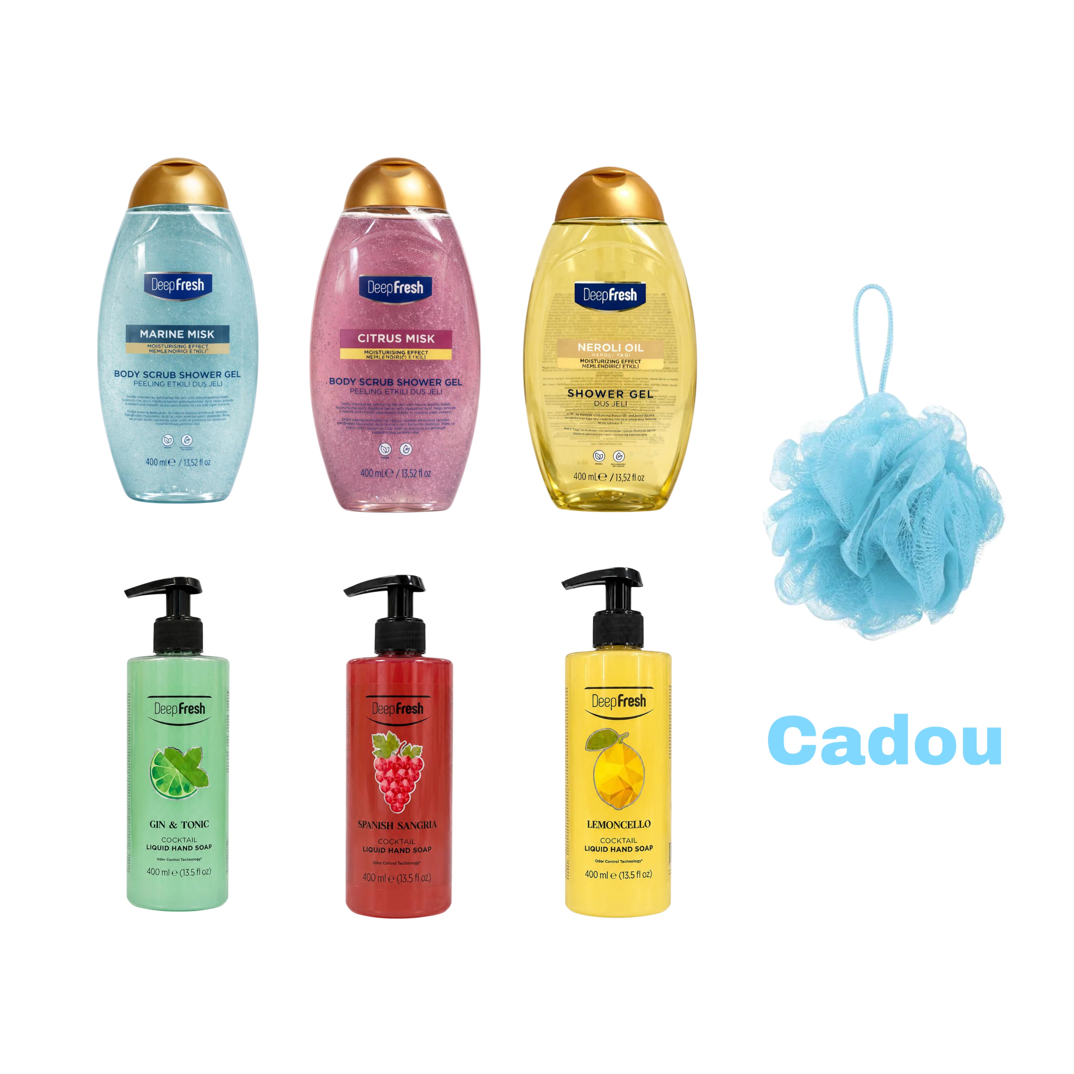 3 × Gel de duș DeepFresh Fresh : Neroli , Citrus Misk , Marine Misk + 3 × Săpun lichid pentru mâini Deep Fresh : Gin & Tonic, Spanish Sangria , Cocktail Lemoncello + Burete de baie