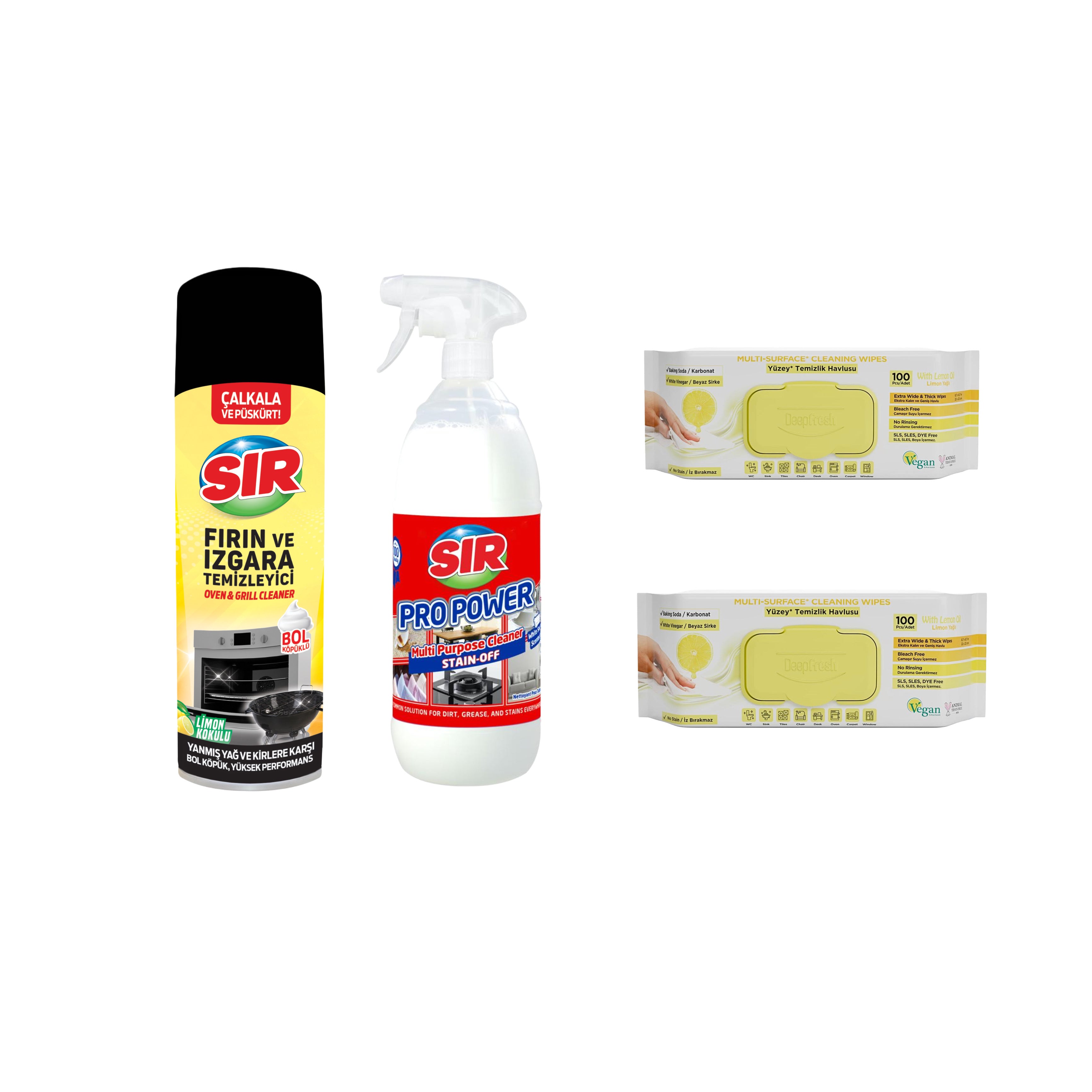 Spray de Curățare pentru Cuptor și Grătar SIR 500 ml + Soluţie pentru ȋndepartarea petelor multi suprafeţe Sir Pro Power 1000 ml + Şerveţele umede pentru multi suprafeţe cu lămâie, bicarbonat şi oțet Deep Fresh 100 de bucăți - Redist