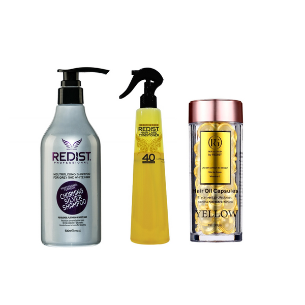 Pachet pentru întreținerea culorii părului blond, protecție, hidratare și strălucire: Sampon nuantator Silver Redist 500 ml + Balsam bifazic pentru par Miracle Oils 40 Overdose 400 ml + Capsule ser tratament pentru par Yellow Royal Gold by REDIST 30 buc - Redist