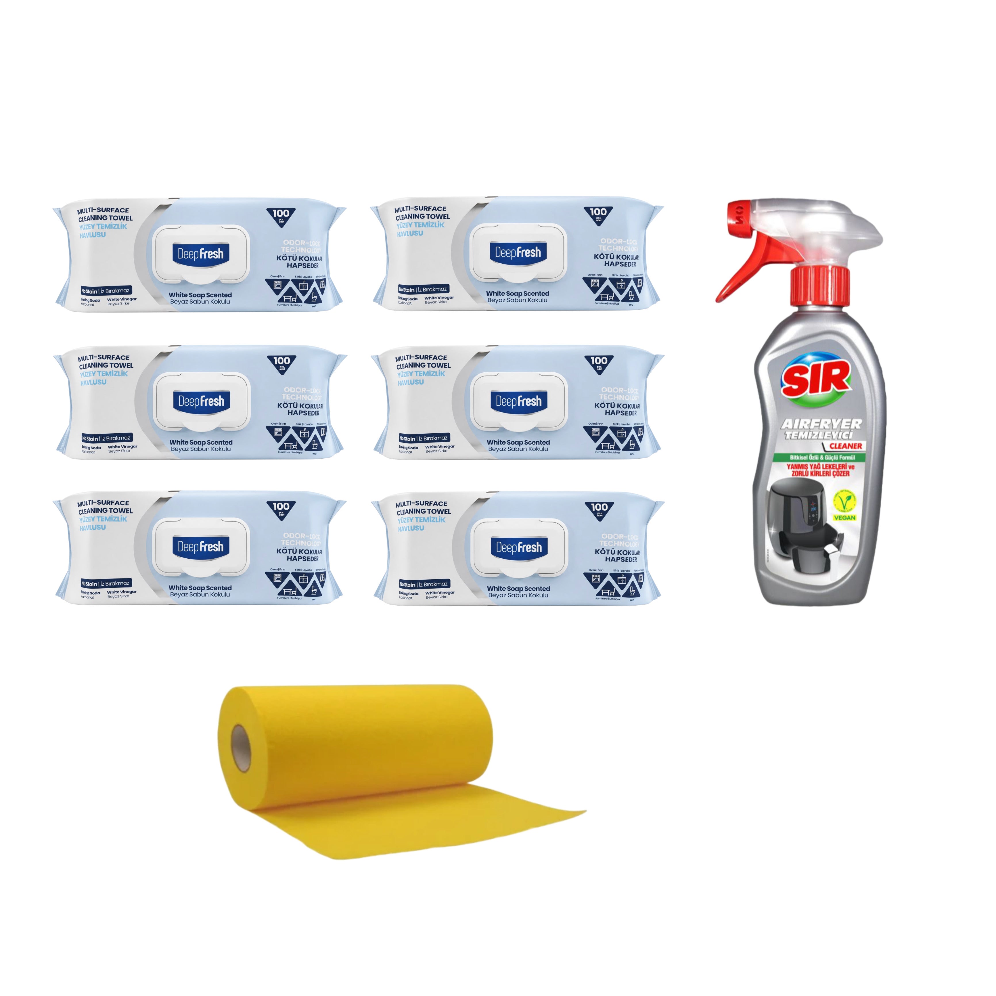 Şerveţele umede pentru multi suprafeţe cu  bicarbonat şi oțet Clasice Deep Fresh Odor Lock 100 de bucăți × 6 pachete + Soluție pentru curățare aparate Air Fryer Sir  + Lavete