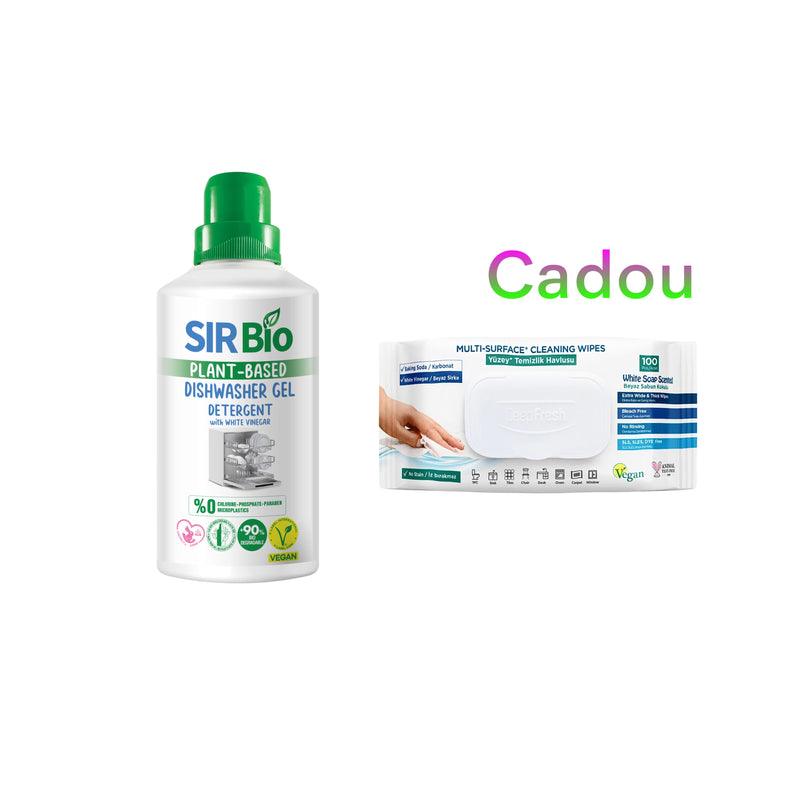 Pachet Detergent gel pentru maşina de spălat vase Sir Bio 1000 ml + CADOU : Şerveţele umede pentru multi suprafeţe cu bicarbonat şi oțet Deep Fresh 100 de bucăți