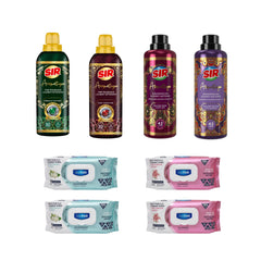 Pachet curățenie : Detergent rufe Sir Aromatique × 2 buc, Balsam rufe Sir Aromatique × 2 buc, Șervețelele multisuprafețe Jasmine, bicarbonat și oțet DeepFresh × 2 buc şi Șervețelele multisuprafețe Crini , bicarbonat și oțet DeepFresh × 2 buc
