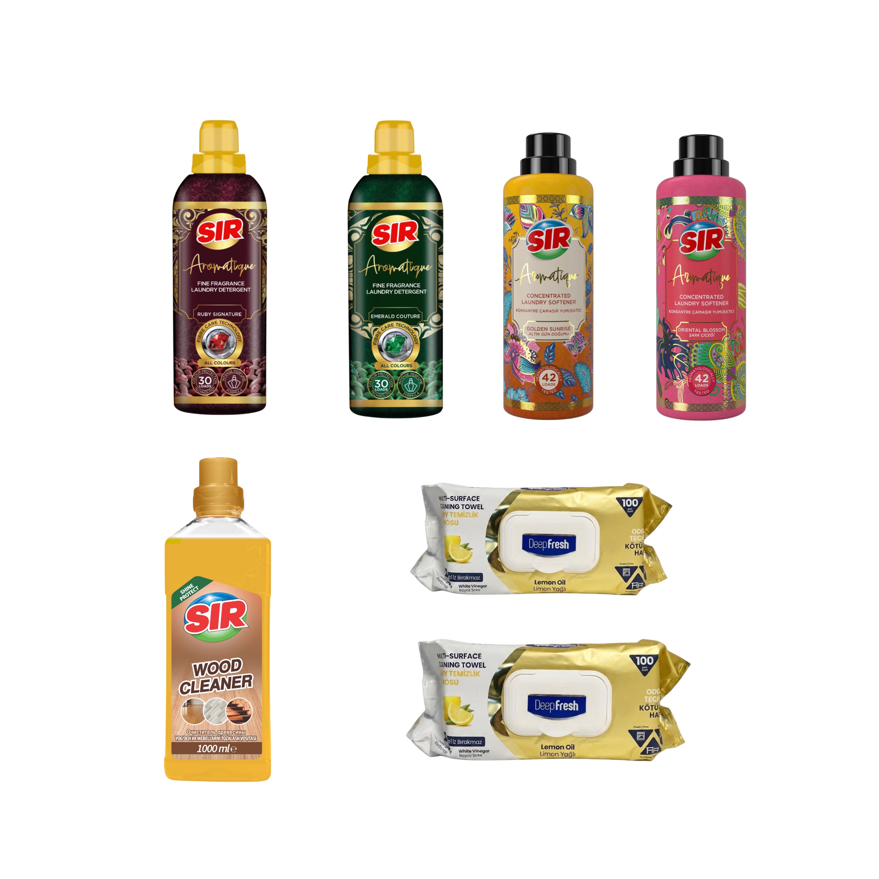 Pachet curățenie: 2 x detergent rufe Sir Aromatique + 2 x Balsam Rufe: Golden Sunrise și Oriental Blossom + Sir soluție parchet + 2 x Șervețele Odor Lock lămâie
