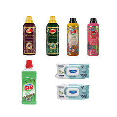 Pachet curățenie: 2 x detergent rufe Sir Aromatique + 2 x Balsam Rufe: Golden Sunrise și Oriental Blossom + Sir pin soluție pardoseli + 2 x Șervețele Odor Lock Crini
