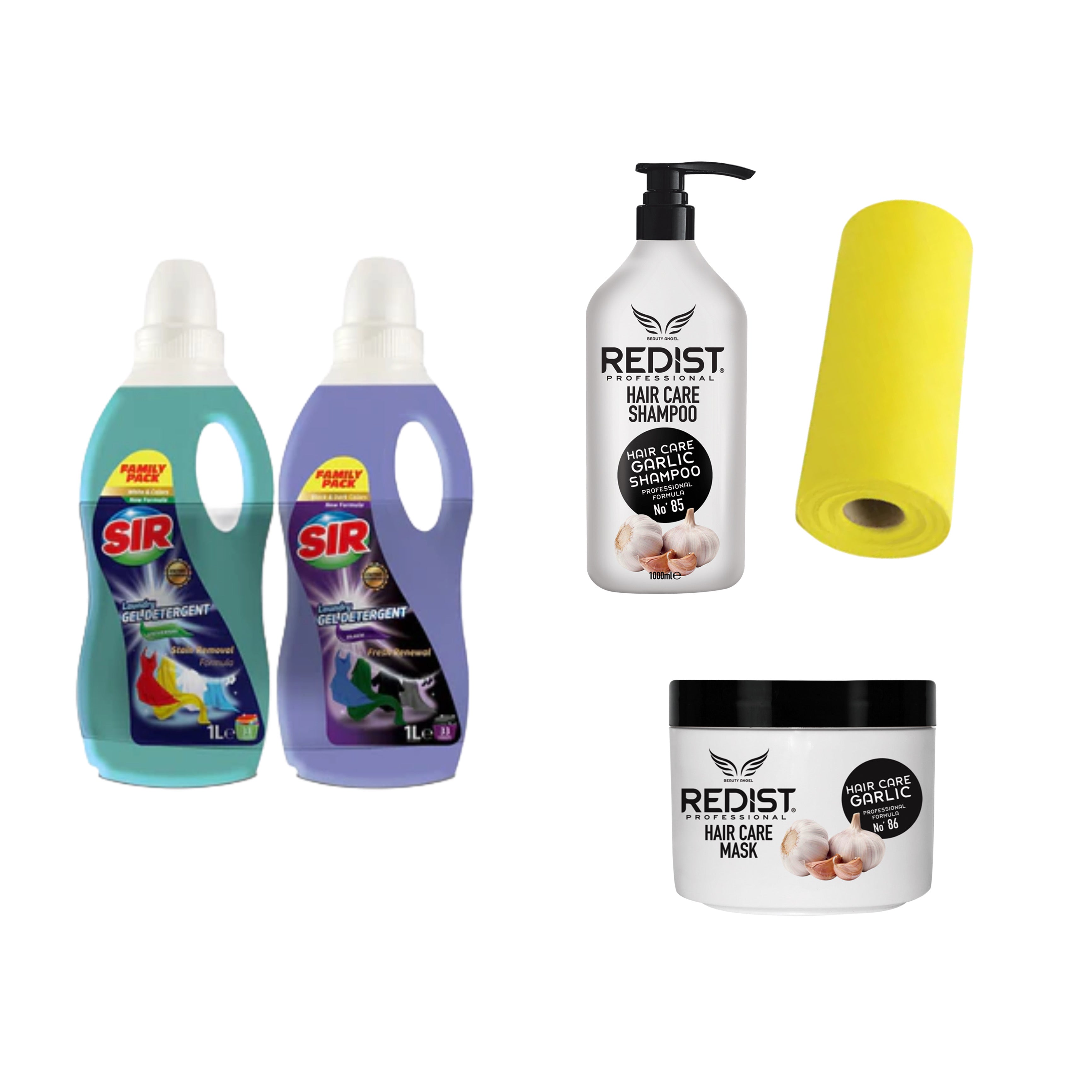 Samponul cu usturoi 1000 ml + Masca cu usturoi + Detergent pentru haine albe și colorate Sir White & Colors 1000 ml + Detergent pentru haine negre Sir Black 1000 ml + Cadou : Lavete la rola din microfibră - Redist