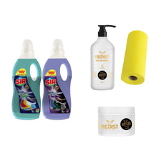 Samponul Redist Professional 12 in 1 Expert 1000 ml + Masca de păr Redist 12 in 1 Expert 500 ml + Detergent pentru haine albe și colorate Sir White & Colors 1000 ml + Detergent pentru haine negre Sir Black 1000 ml + Cadou : Lavete la rola din microfibră