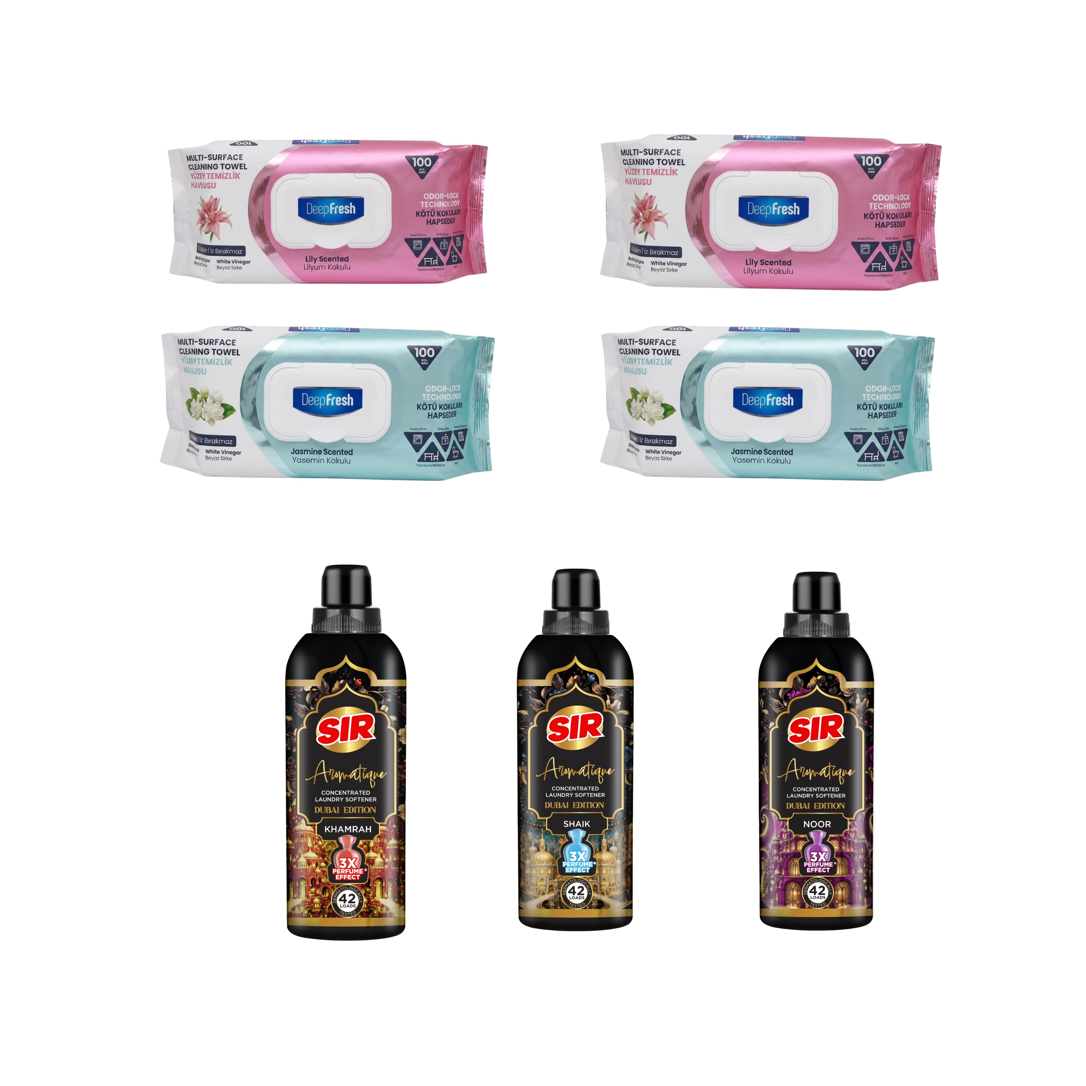 Kit balsam rufe Dubai Edition - Shaik, Noor, Khamrah + 2 x Șervețele Odor Lock Technology Iasomie + 2 x Șervețele Crini Deep Fresh