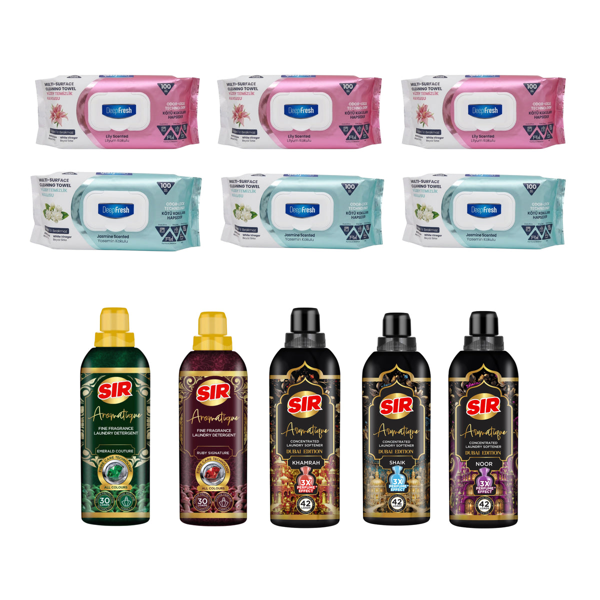 Kit curățenie: 2 x Detergent Sir Aromatique Ruby Signature + Emerald Couture + 3 Balsam rufe Dubai Edition: Noor, Khamrah, Shaik + 3 x Șervețele Deep Fresh Crini + 3 x Deep Fresh Iasomie