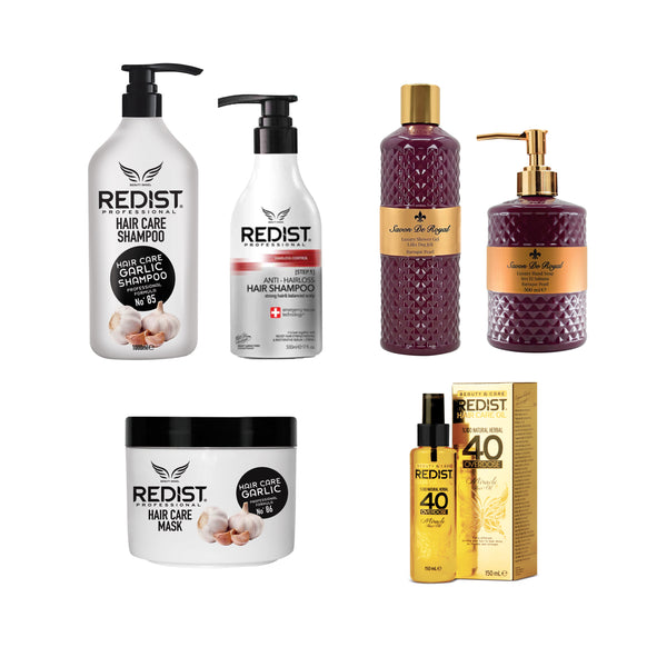 Șampon Împotriva Căderii Părului Redist + Șampon profesional cu extract de usturoi Redist 1000 ml + Masca cu usturoi Redist + Ulei tratament pentru păr Miracle Oils 40 Overdose + Gel de duș și săpun lichid Savon de Royal Baroque Pearl