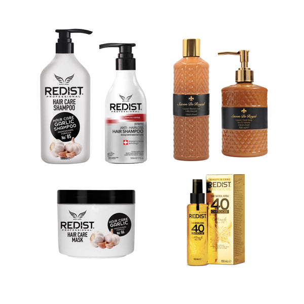 Șampon Împotriva Căderii Părului Redist + Șampon profesional cu extract de usturoi Redist 1000 ml + Masca cu usturoi Redist + Ulei tratament pentru păr Miracle Oils 40 Overdose + Gel de duș și săpun lichid Savon de Royal Eden's Pearl