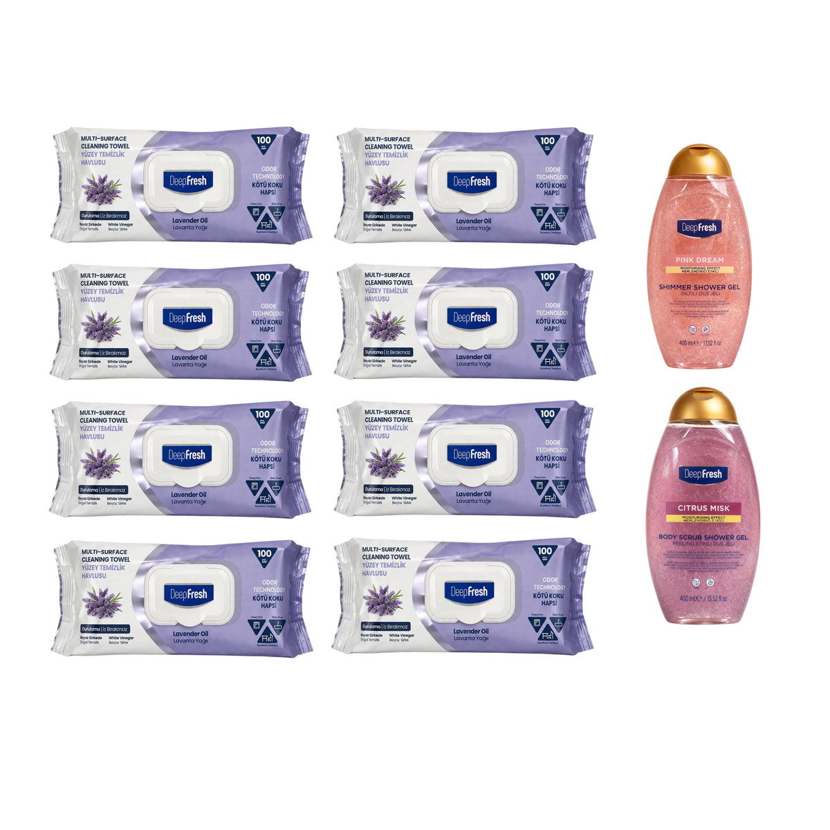 Pachet 8 x Șervețele lavandă Deep Fresh Odor Lock + Cadou 2 x Gel de duș Pink Dream și Citrus Mist
